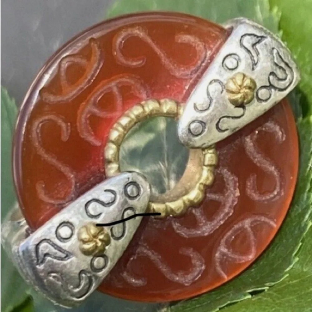 Sterling Silver Yellow Gold Vintage Ring Carved Jade Bi-Disc